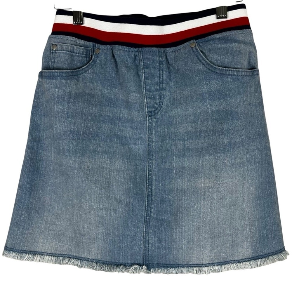 Tommy Hilfiger Striped Waist Denim Mini Skirt Light Wash Raw Hem Girls L 12/14